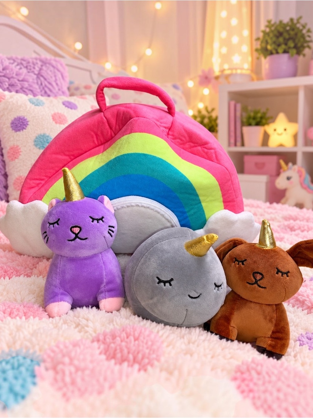 PixieCrush Rainbow Cloud Storage Bag 3 Unicorn Plush Kittycorn Puppy Narwhal